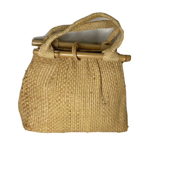 VTG Boho Mid-century Natural Straw Raffia Bag Tote Bamboo Accent Summer Beach - Picture 4 of 16